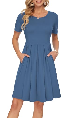 Image of AUSELILY Women's Short Sleeve Pleated Swing Summer Dress with Pockets | Knee-length short sleeve dress, empire waist & pockets, ideal for casual daily wear and vacation