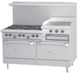 Garland U60-6G24SS U Series 60" Gas Restaurant Range with (6) 32,000 BTU Open Burners, 24" Raised Griddle/Broiler & (2) Storage Bases