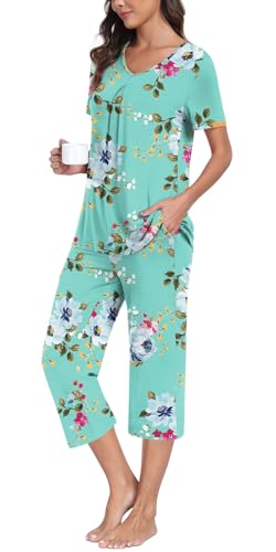 Anyally Women's Summer Capri Pajama Set Short Sleeve Shirt and Pajama Pants 2 Piece Ladies Pjs Sets3