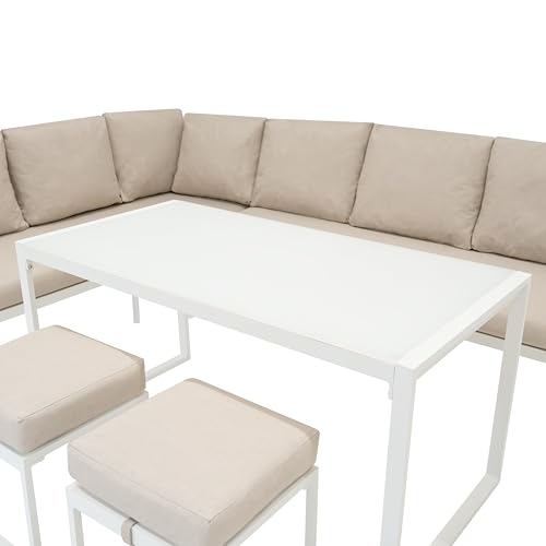 Monster Shop Garten Aluminium Möbelset Weiß 7-Sitzer Outdoor Terrasse Lounge Sectional Ecksofa Glasplatten Esstisch 2 Hocker Dicke Polster mit Waschbaren Bezügen wasserdichte Regenabdeckung