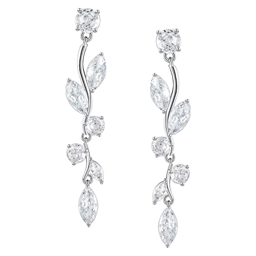 SWEETV Vine Wedding Earrings for Brides, Bridesmaids Earrings Gifts, Leaf Bridal Drop Earrings, Silver Cubic Zirconia Dangling Earrings for Prom Formal Party