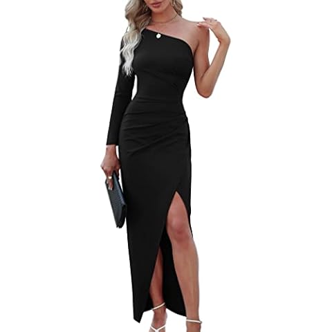 Sarin Mathews Womens One Shoulder Long Sleeve Cocktail Dresses Sexy Bodycon Ruched Wrap Split Party Formal Long Dress Black L Cover