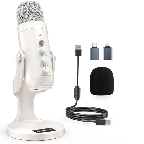 zealsound USB Kondensator Mikrofon für PC Laptop Handy Plug & Play Tischmikrofon mit Rauschunterdrückung Mute Gain & Echo für Gaming Streaming Podcast ASM & Aufnahmen k66 Perlweiß
