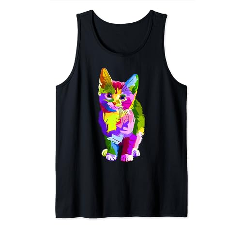 Cute Kitten Rainbow Kitty Cat Tank Top, Black, S
