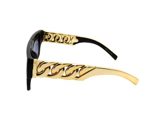 High Fashion Metal Chain Arm Flat Top Aviator Sunglasses (Shiny Black Gold)2