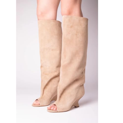 FancyQueen Open Toe Knee High Boots for Women Suede Wide Calf Peep Toe Wedge Heels Slouchy Tall Boots Pull On High Heel Long Booties2