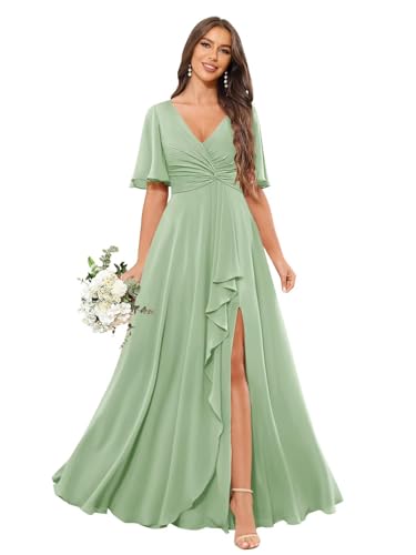 Fu Jiang Women's Chiffon Long Bridesmaid Dresses for Wedding with Slit Short Sleeve Formal Evening Gowns