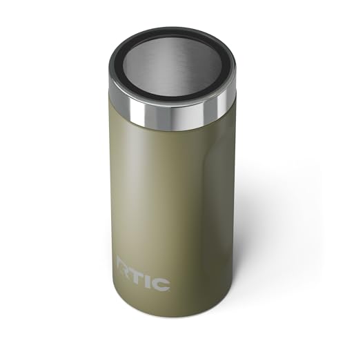RTIC 24oz Essential Can Cooler Holder with Lid, Double-Wall Insulated Chiller for Beer, Soda, Beverage, Stainless Steel, Metal, Sweatproof, Olive