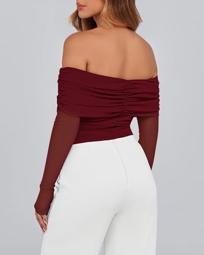 BTFBM Women's Long Sleeve Shirts 2025 Fall Crop Going Out Tops Mesh Ruched Casual Off Shoulder Blouses Y2K Clothes4