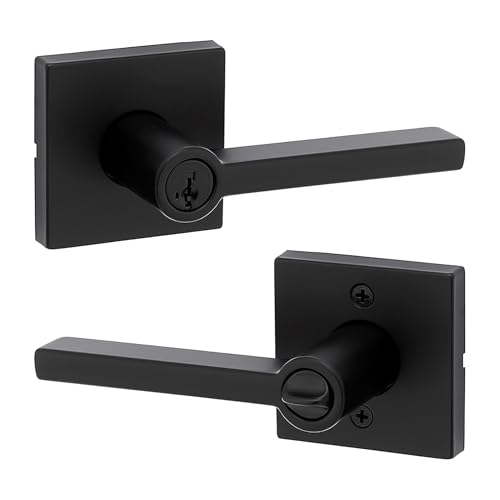Image of Kwikset Halifax Entry Door Handle with Lock and Key, Secure Keyed Reversible Lever Exterior, For Front Entrance and Bedrooms, Matte Black, Pick Resistant Smartkey Rekey Security and Microban