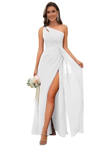 Image of OFEECHUN Women's Chiffon One Shoulder Bridesmaid Dresses Long Pleated Formal Evening Gowns with Slit
