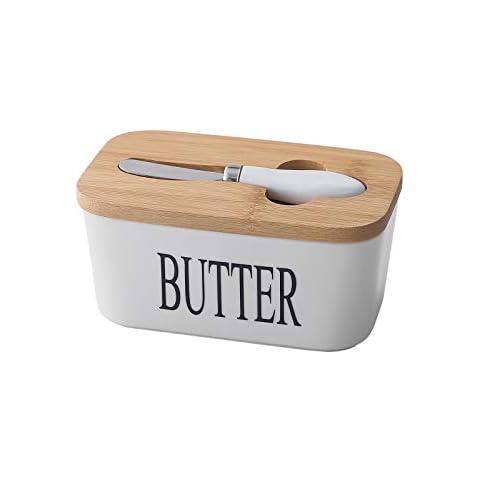 Large Butter Dish Container 650ML with Airtight Bamboo Lid, Porcelain Butter Keeper - Holds Up to 2 Sticks of Butter, White Cover