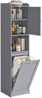 VASAGLE Tall Storage Cabinet, Storage Unit with Removable Laundry Basket, Compartment and Cabinet, for Bathroom, Living Room, 15.8 x 15.8 x 66.9 Inches, Dove Gray UBBC761G02