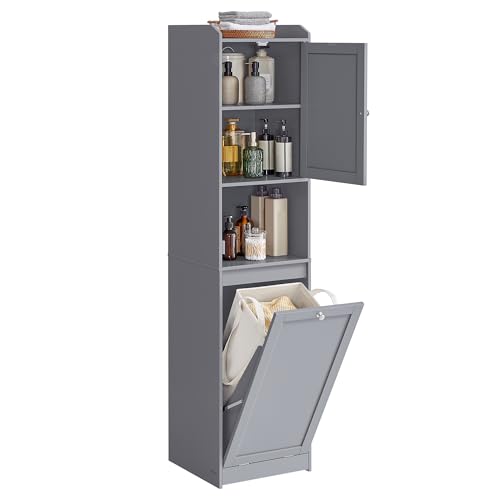 VASAGLE Tall Storage Cabinet, Storage Unit with Removable Laundry Basket, Compartment and Cabinet, for Bathroom, Living Room, 15.8 x 15.8 x 66.9 Inches, Dove Gray UBBC761G02 2 Doors + 1 Laun