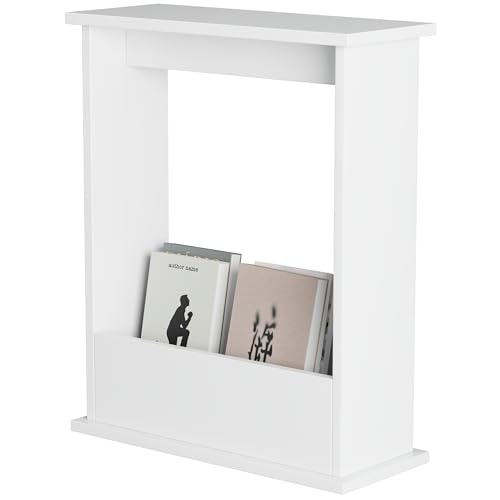 Blisswood Slim Side Table, Small Side Table With Magazine Rack, Modern Style Sofa End Table For Living Room And Office, Narrow Bedside Table For Bedroom, Study (55 x 45 x 18 cm, White)