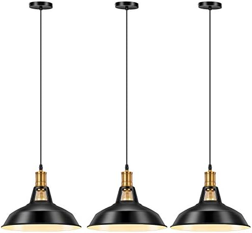Pynsseu Vintage Style Industrial Pendant Light, Farmhouse Barn Hanging Pendant Lighting, Modern Pendant Lamp Fixture 3 Pack, Matte-Black Finish
