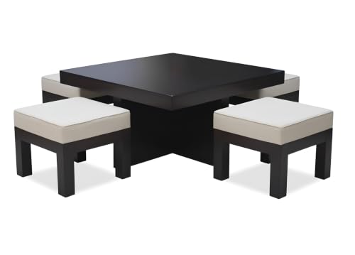 Image of Loonart Solid Sheesham Wood Coffee Table with Four Cushioned Stools|Idel for Living Room|Cafe|Restaurant|Space Saving Indoor Table Set|Finish Color - Warm Chestnut Finish|Off White Cushion|