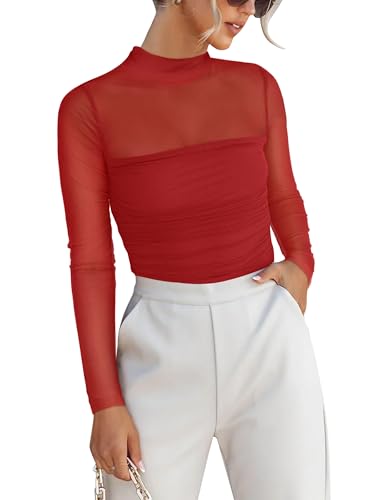 ANRABESS Womens Sexy Mesh Long Sleeve Shirts Trendy Mock Neck Sheer Ruched Going Out Tops Fall Slim Fit Blouses 2025 Red XL