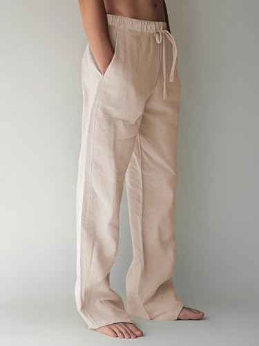 Image of PIDOGYM Mens Cotton Linen Pants, Summer Beach Pants Casual Loose Fit with Elastic Waist Drawstring
