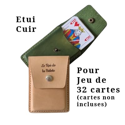 tahora Étui en cuir pour jeu de 32 cartes – Fait main – Cuir de vachette à tannage végétal – Couture point sellier – Fermeture bouton pression – Étui artisanal belote