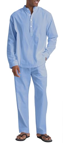 Men's Linen Sets Henley Shirts 2 Piece Vacation Outfits Beach Clo...