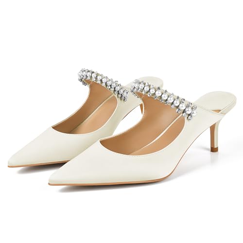 Image of XINIUNIU Heeled Mules for Women Rhinestone Heels Pointed Toe Slip On 2.5 Inch Kitten Stiletto Closed Toe Sandals Dress Wedding Pump Shoes