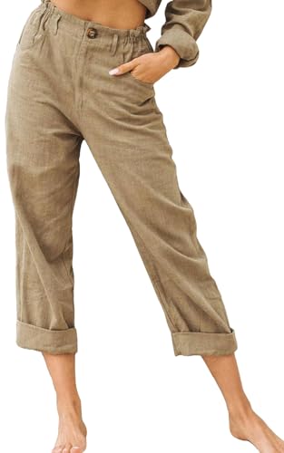 Yutdeng Pantalones Lino Mujer Verano Ligeros Pantalones de Verano 3/4 Casual Pantalones Anchos con Bolsillos Cintura Alta Elástica Pantalones de Playa Algodón Lino Pantalones Suelto,Caqui,XL