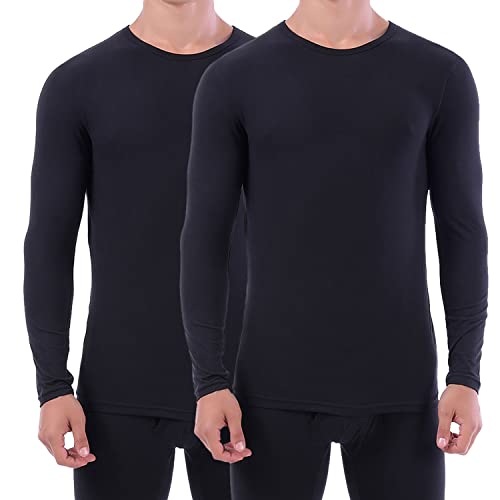 LANBAOSI 2 Pack Men's Thermal Underwear Tops Winter Warm Long Sleeve Body Warmer Ultra Soft Baselayer T-Shirt Black