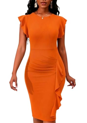 Image of PerZeal Women's 2026 Flutter Sleeve Bodycon Midi Dress Sexy Crew Neck Knit Ruffle Wear to Work Cocktail Party Pencil Dresses