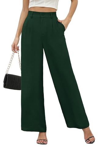 BEIGAI Damen Weite Hosen Lose Lounge High Waist Palazzo Hose Elegant Geschäftliche Arbeit Freizeithose mit Taschen,Dunkel Grün,XL