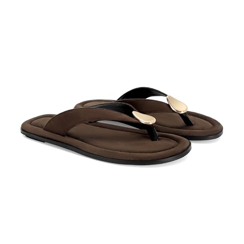 Image of Women's Suede Thong Sandals Flat Flip Flops with Metal Accent Slip On Comfortable Casual Summer Beach Dress Sandals