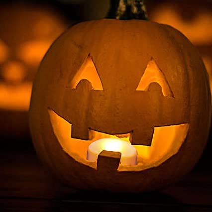 Image of 4 Halloween Battery LED Jack-O-Lantern Pumpkin Lights with Remote Orange | CANDLE CHOICE Battery Operated Flameless Candles with Remote and Timer for Halloween Pumpkin Decoration Orange Color 4 Pack