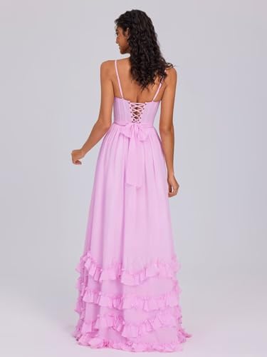 Floral Printed Ruffle Bridesmaid Dress with Scarf Spaghetti Straps Long Corset Chiffon Formal Evening Maxi Dress LN1372