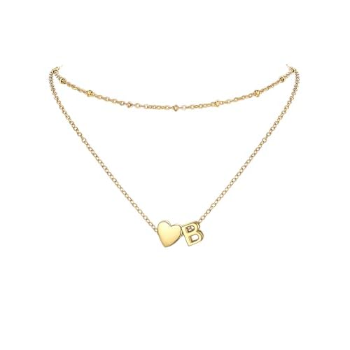 PROSTEEL 14K Gold Plated A-Z Initial Heart Layered Necklace for Women | Non-Tarnish Stainless Steel, Dainty Alphabet Letter Charm Pendant Choker, Personalized Jewelry Gold B