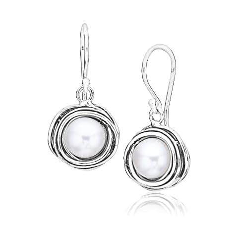 925 Sterling Silver Dangle Drop Earrings with Fresh Water Pearl - Wire Wrapped & Beaded Bezel Vintage Artisan Handcrafted Design - Hypoallergenic, Nickel & Lead-free - French Wire Back - White Cover