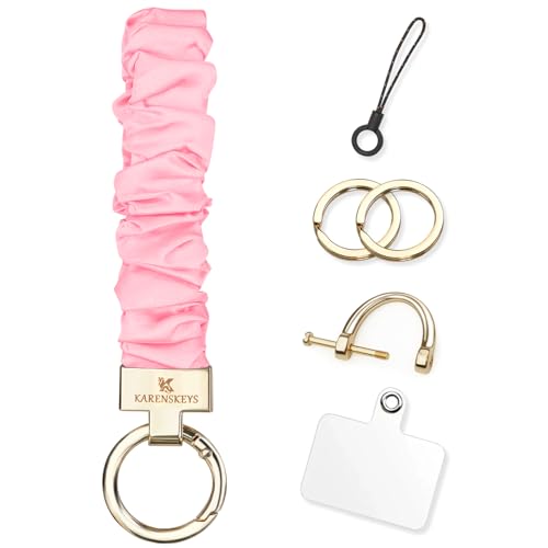 Image of Scrunchie Keychain Wristlet, Key Chain for Car Keys with D Ring, Stretchy Phone Charms with Tether Tab for Women.