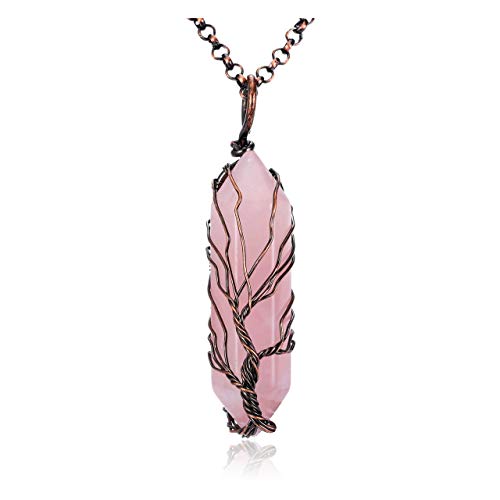 Pesoenth Tree Of Life Rose Quartz Pendant Reiki Healing Crystal Energy Stone Necklace Silver Wire Wrapped Raw Gemstone Hexagonal Prism Pointed Crystal Pendant Jewelry For Women And Men (Rose Quartz#) #TOP6