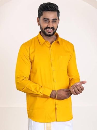 Image of RAMRAJ COTTON Men Premium Cotton Full Sleeves Shirt and Fancy Border Dhoti Set Luxe Set