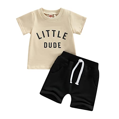 Image of Toddler Baby Boy Summer Clothes Little Dude T-shirt Short Sleeve Tops Solid Color Short Set Infant 2Pcs Outfits