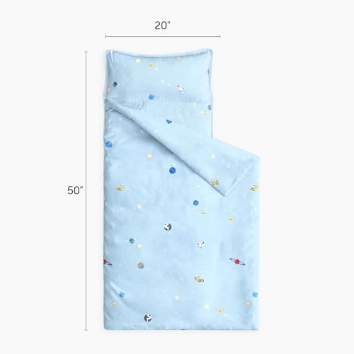 Image of Wake In Cloud - Toddler Nap Mat with Pillow and Blanket, 100% Cotton Fabric, for Kids Boys Ages 3 Plus in Daycare Kindergarten Preschool, Roll Up Sleeping Bag, Galaxy Spaces