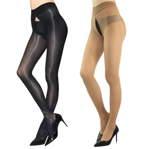 HTRUIYA 2 Pairs Shiny Pantyhose for Women 8D Sheer Tights Oily Gloss Pantyhose Invisible Zip Tights Smooth Stockings
