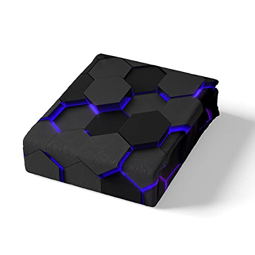 Image of Honeycomb Hexagon Bed Sheets Kids Boys Blue Purple Neon Lights Sheet Set 3 Pcs Child Modern Sheets Set + Deep Pocket Fitted Sheets + Chic Creative Flat Sheet 1 Pillow Sham,Twin Size
