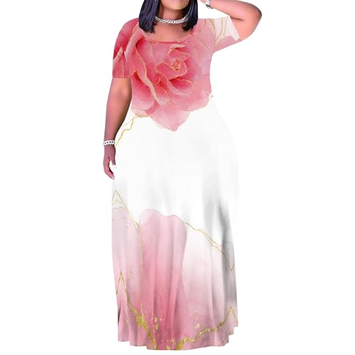 Image of PinkPatty Women's Plus Size Maxi Dresses Short Sleeve Sundress Summer T-Shirt Beach Long Dress with Pockets