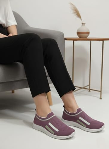 Image of Onion Casual Slip-On Sneakers, Purple Knit Mesh Walking Shoes with White Stripes