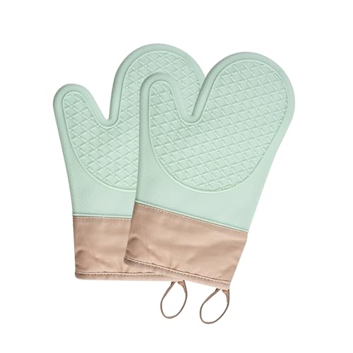 Lot de 2 Gants de Cuisine Silicone Antidérapante, Résistant à la Chaleur Jusqu’à 350°C, Intérieur en Coton, Silicone Gants de Four Suspendable Parfaits...