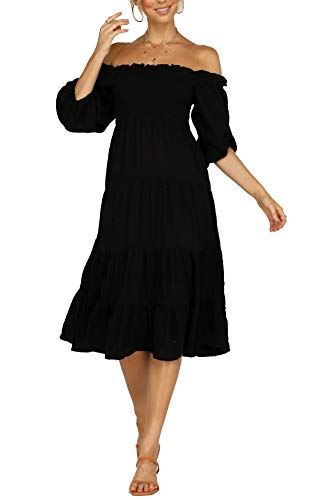 Image of R.Vivimos Women's Summer Cotton Lantern Sleeves Ruffled Off Shoulder A-Line Midi Dresses