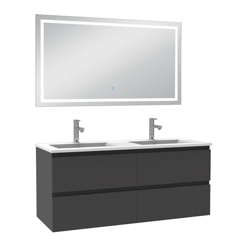 AICA Ensemble Meuble Salle de Bain 120cm Anthracite Double Vasque et Miroir Lumineux 3 Couleurs et dimmable