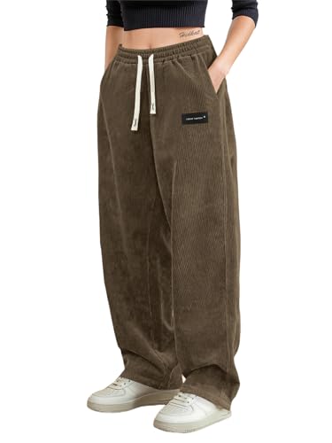 Hidkat Damen Cordhose lässige Bequeme Hose mit weitem Bein elastischem Bund Kordelzug und Mehreren Taschen
