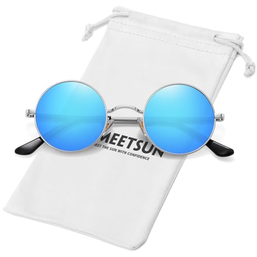 Image of MEETSUN Small Round Polarized Sunglasses for Men Women UV400 Metal Frame | Retro hippie circle sun glasses, for driving costume, party accessories, lightweight, stress-free fit, spring hinges