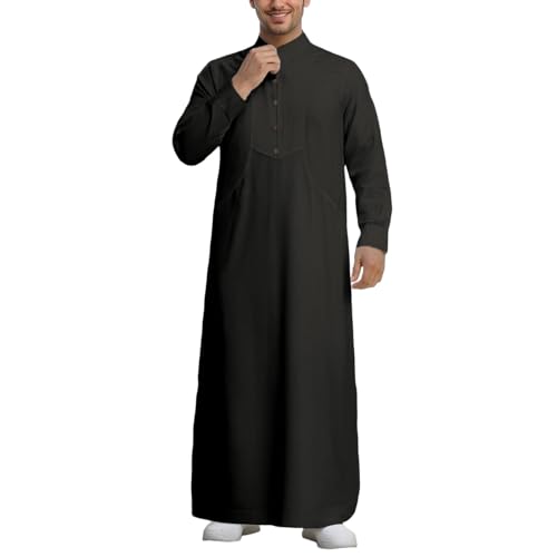 RUMAOZIA Abaya Hombres Caftán Ropa de Oración para Hombres Musulmana Bata Casual Camisas Botones Abajo Cuello Túnica Kurta Manga Larga Thobe Negro Blanco Camisa Tradicional India Musulmana Ropa, O